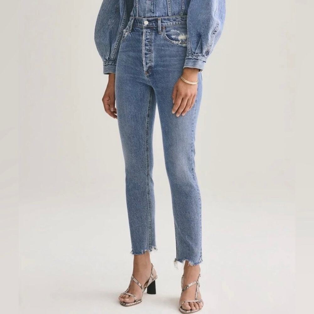 Agolde Nico High Rise Jeans Light Wash Distressed Skinny Jeans Button Fly 28